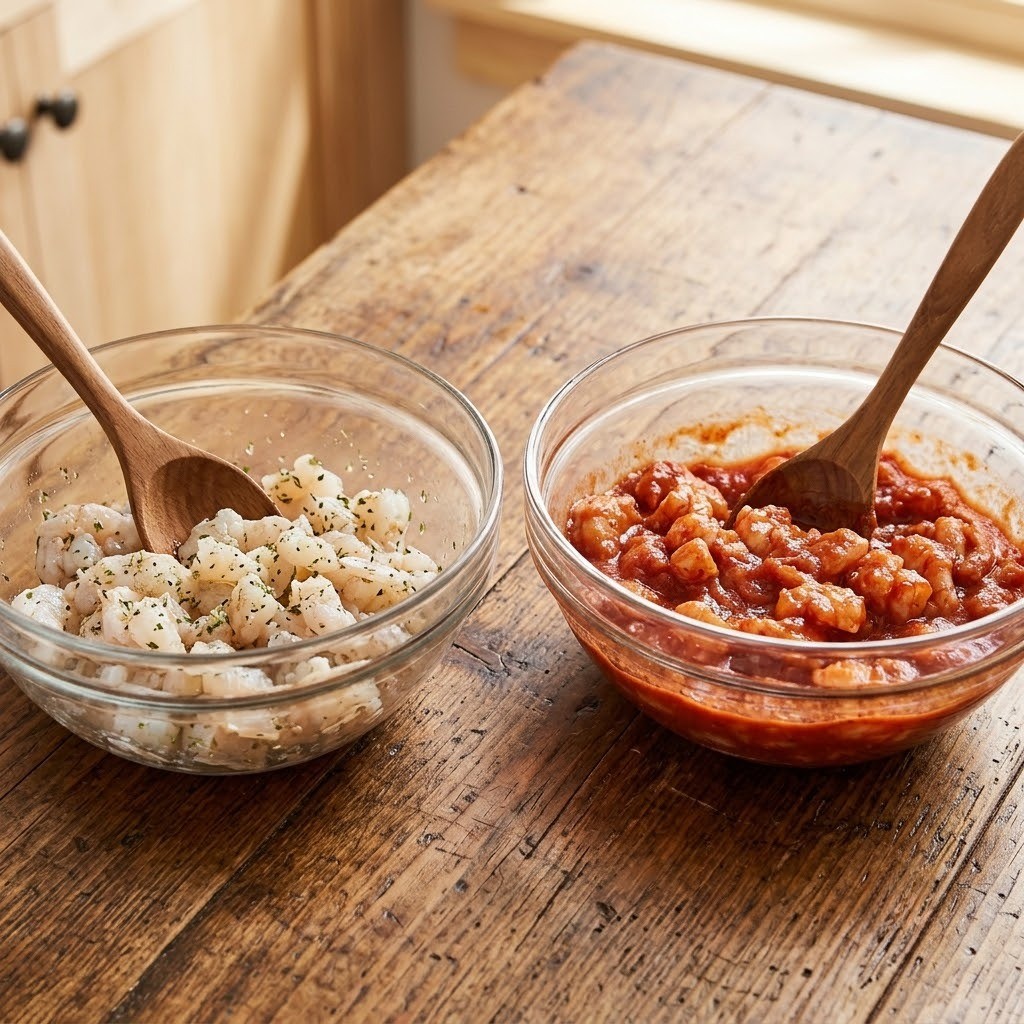 다진 새우를 두 그릇에 나누어 기본 양념과 토마토 소스를 각각 섞어 두 가지 표고샤 반죽을 만드는 과정