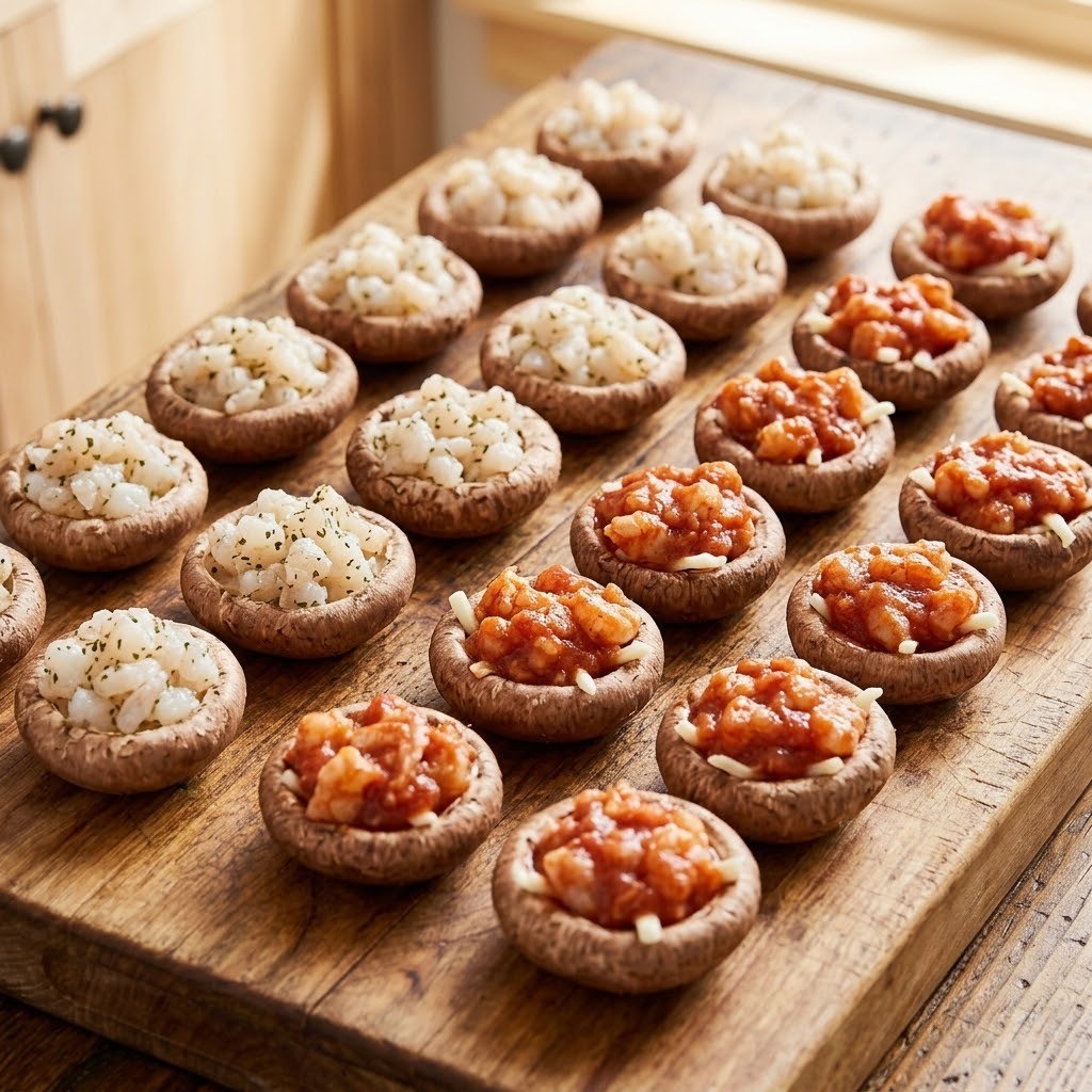 손질된 표고버섯 안쪽에 기본 새우 반죽과 스트링 치즈를 곁들인 토마토 새우 반죽을 소복하게 채워 넣은 모습
