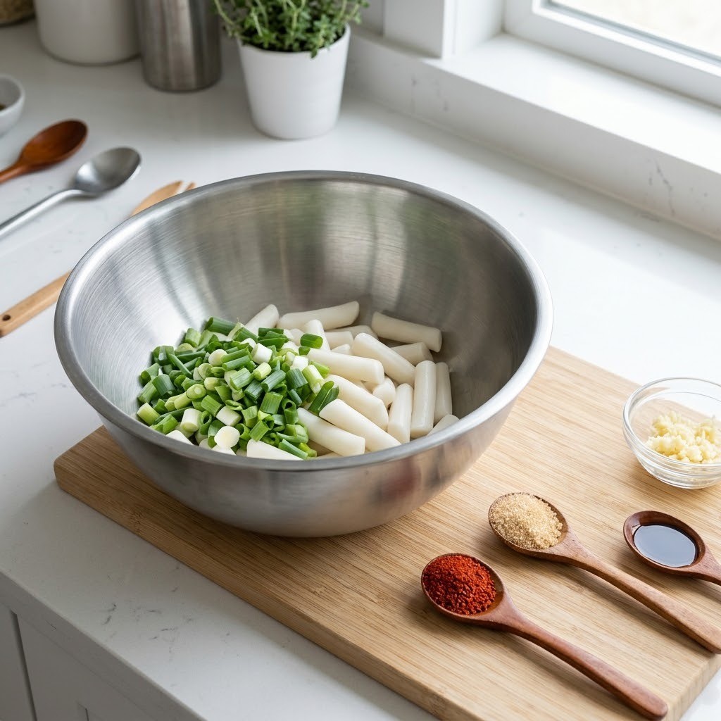 백종원 기름떡볶이 양념 황금비율 레시피 - 볼에 떡, 대파, 설탕, 고춧가루 혼합 과정