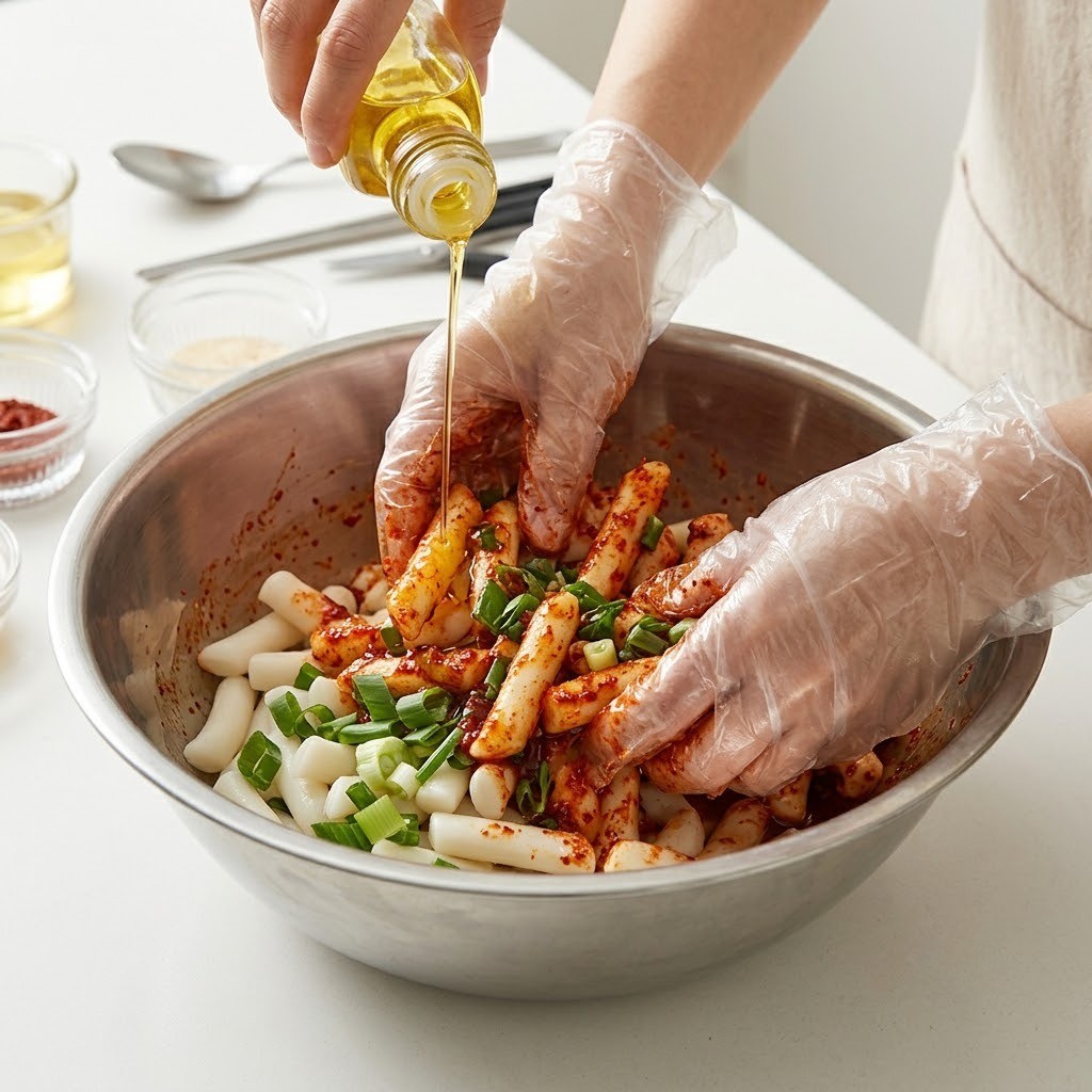 통인시장 기름떡볶이 비법 - 식용유와 참기름을 넣고 촉촉하게 양념하기