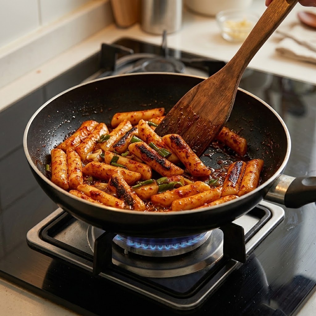 기름떡볶이 타지 않게 굽는 법 - 약불 프라이팬에서 살살 저으며 볶기
