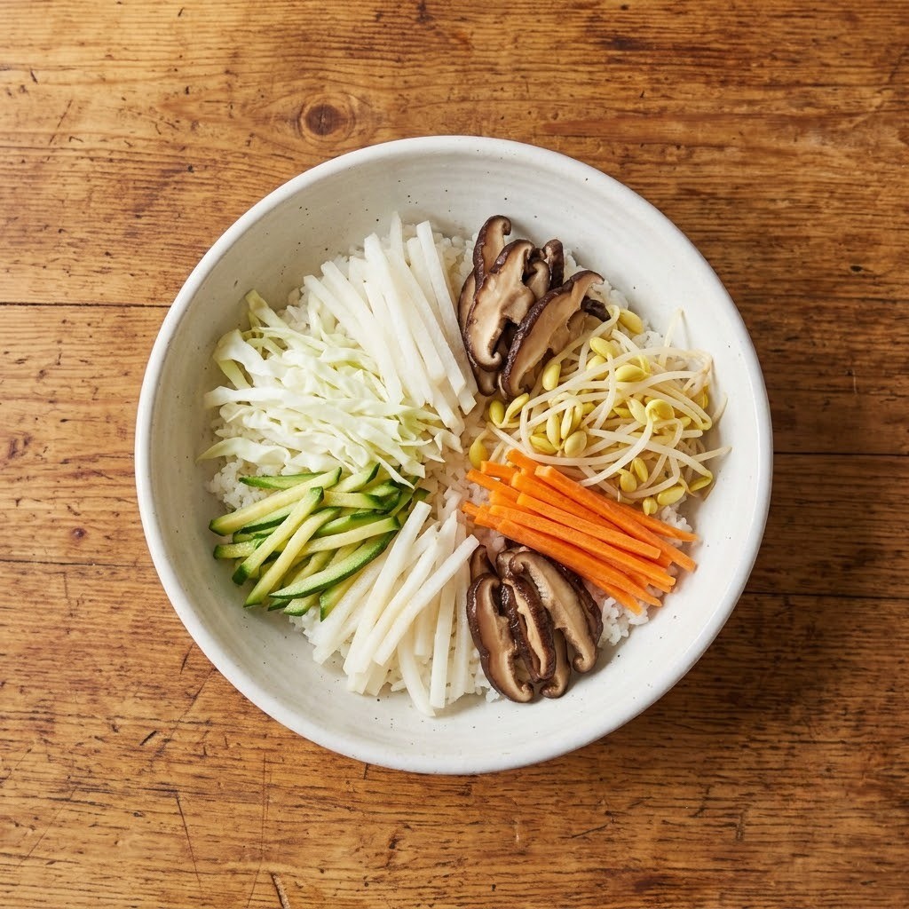밥 위에 얇게 채 썬 애호박, 양배추, 무, 당근, 표고버섯과 콩나물을 수북하고 가지런하게 올린 조리 전 모습