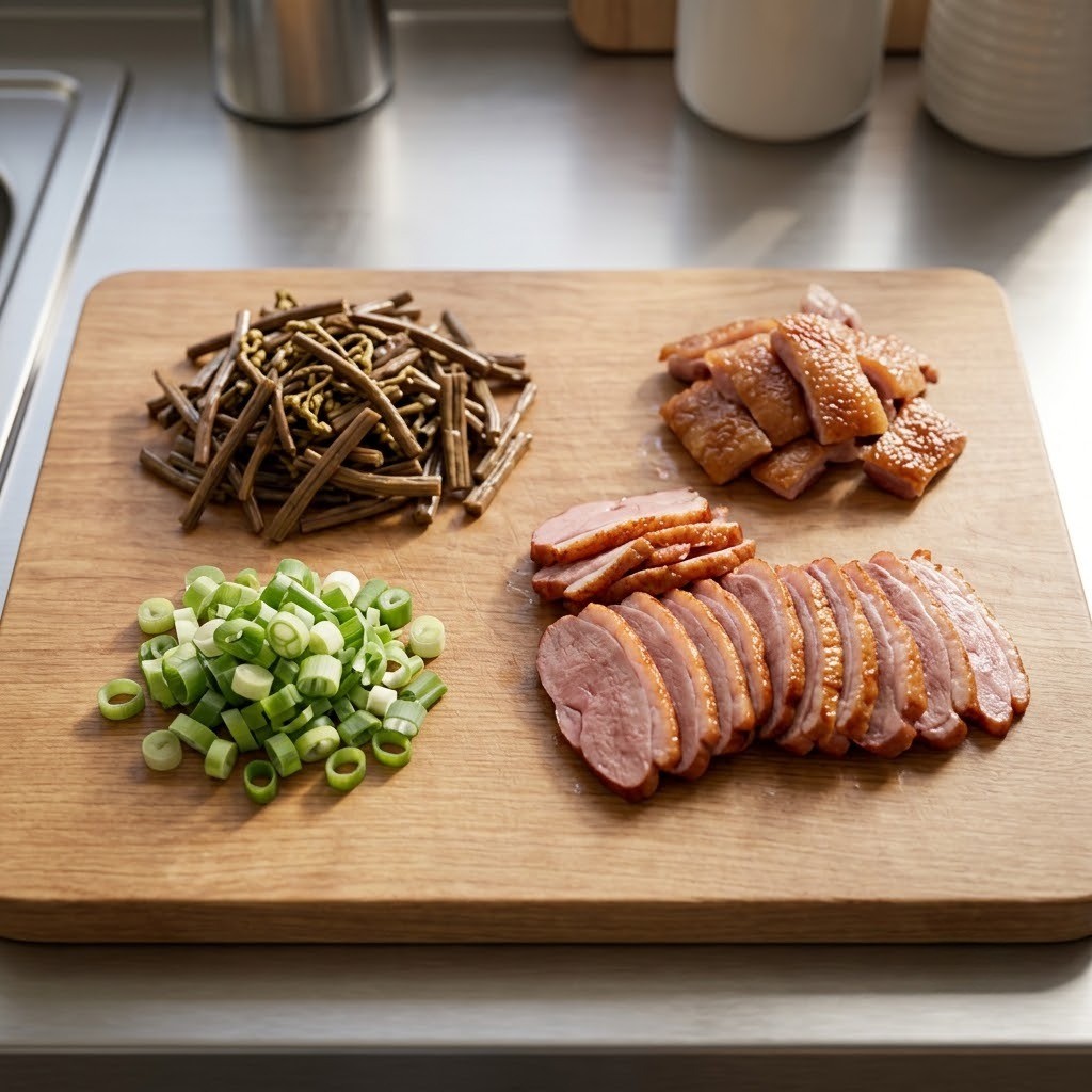오리고사리라면 재료 손질 과정 - 고사리, 대파 썰기 및 훈제오리 살코기 껍질 분리
