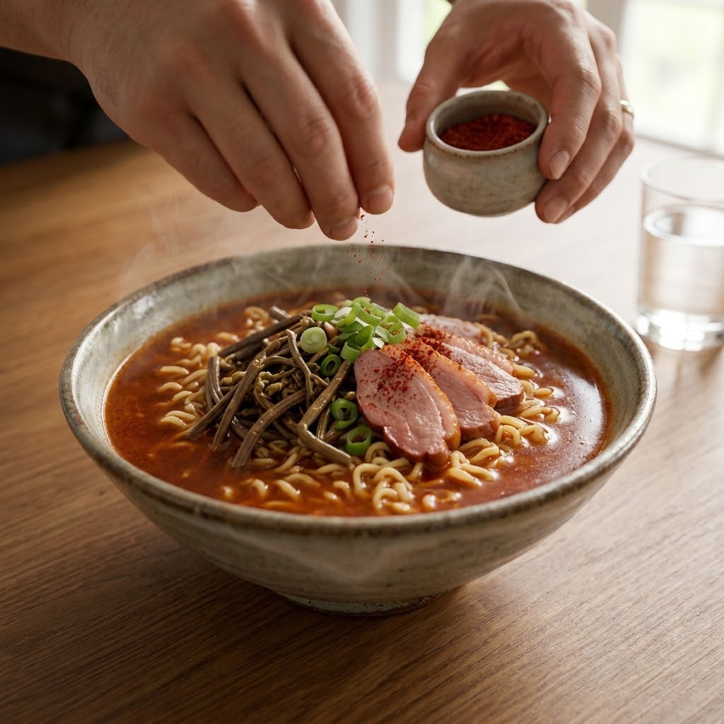 오리고사리라면 완성 모습 - 그릇에 담은 후 고춧가루를 뿌려 매콤함을 더한 비주얼