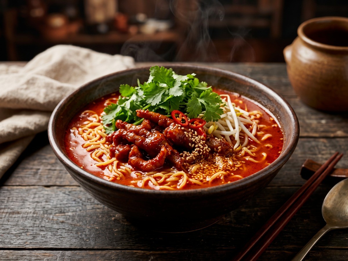 매콤한 양념 닭발과 향긋한 고수, 시원한 콩나물이 듬뿍 올라간 이영자 닭발고수라면 완성 사진