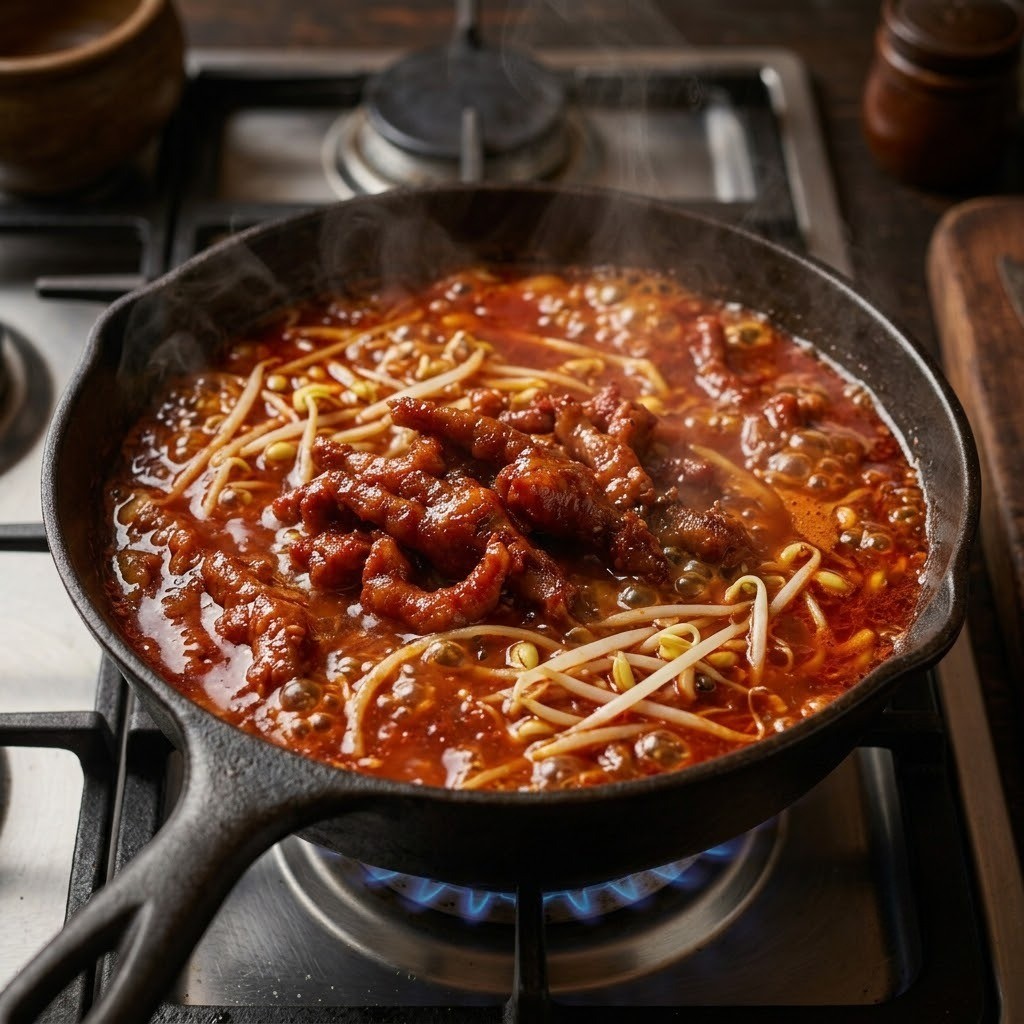 파기름에 양념 닭발을 볶은 후 멸치육수와 라면 스프, 콩나물을 넣고 끓이는 과정