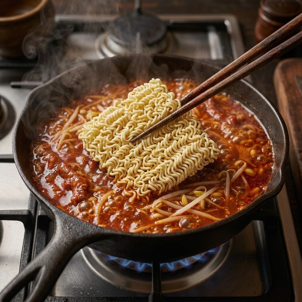 끓는 육수에 라면 면을 넣고 익힌 후 그릇에 담아 고수와 참기름을 올리는 마무리 과정