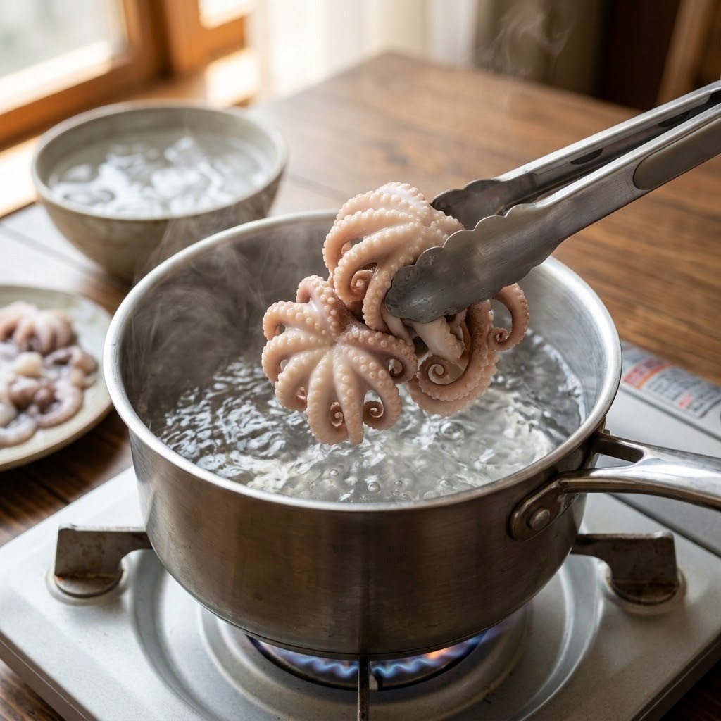 생물 산낙지 손질 및 데치기 - 밀가루 세척 후 끓는 물에 살짝 데쳐 분홍빛이 도는 낙지 모습