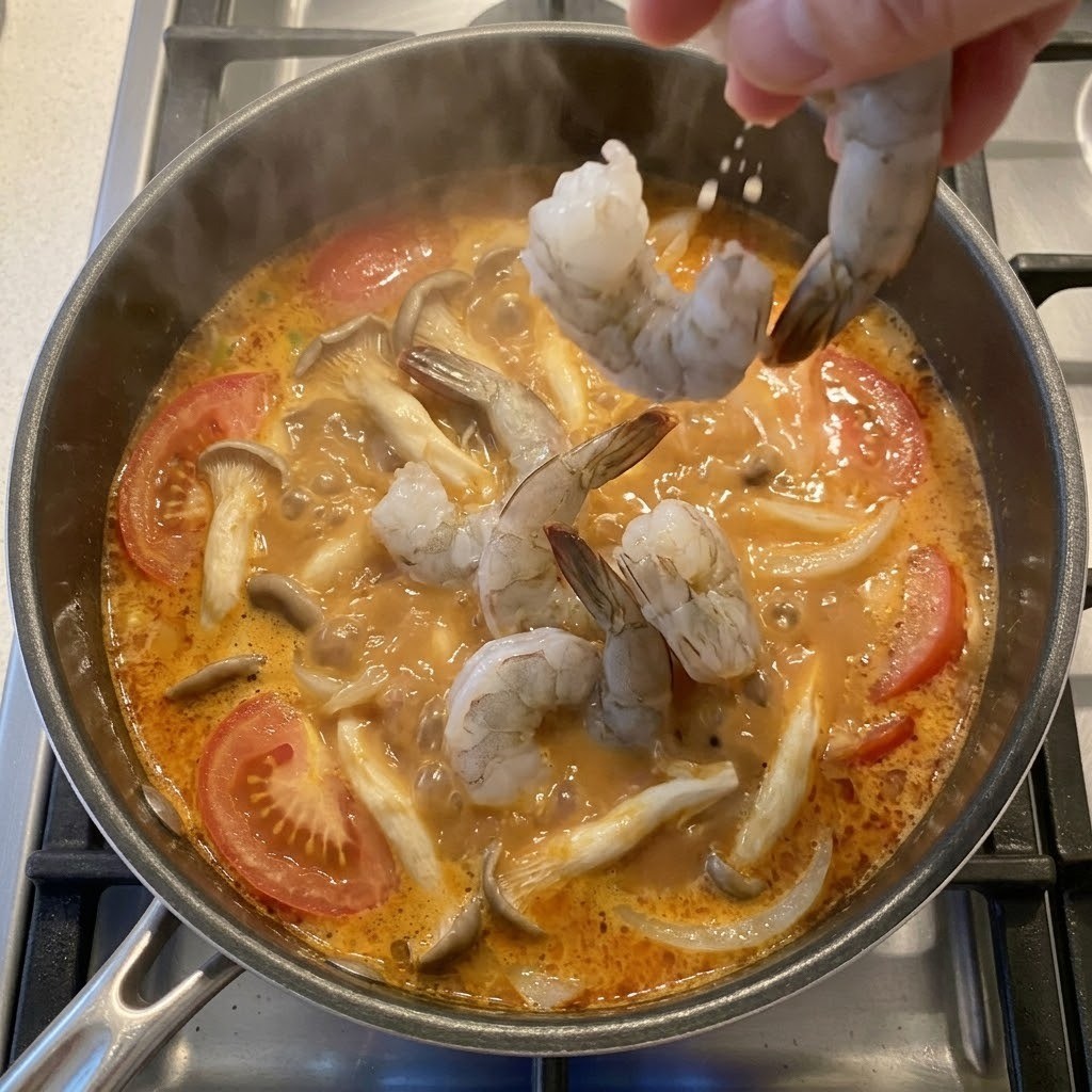 토마토, 느타리버섯, 양파를 넣고 끓인 후 손질된 타이거새우살을 넣는 모습