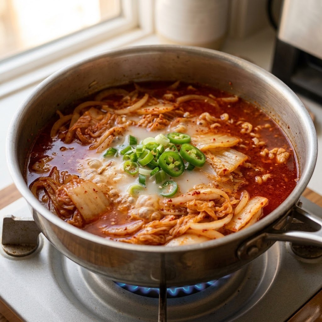 볶은 묵은지에 물메기 육수를 붓고 청양고추와 파를 추가하여 얼큰하게 끓이는 조리 과정 이미지