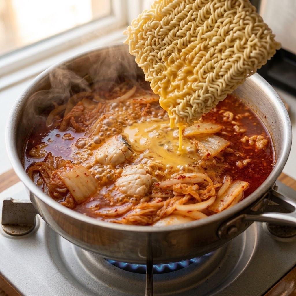 얼큰하게 끓는 육수에 라면사리와 달걀을 넣고 삶은 뒤, 물메기 살 고명을 얹는 마무리 조리 과정 이미지