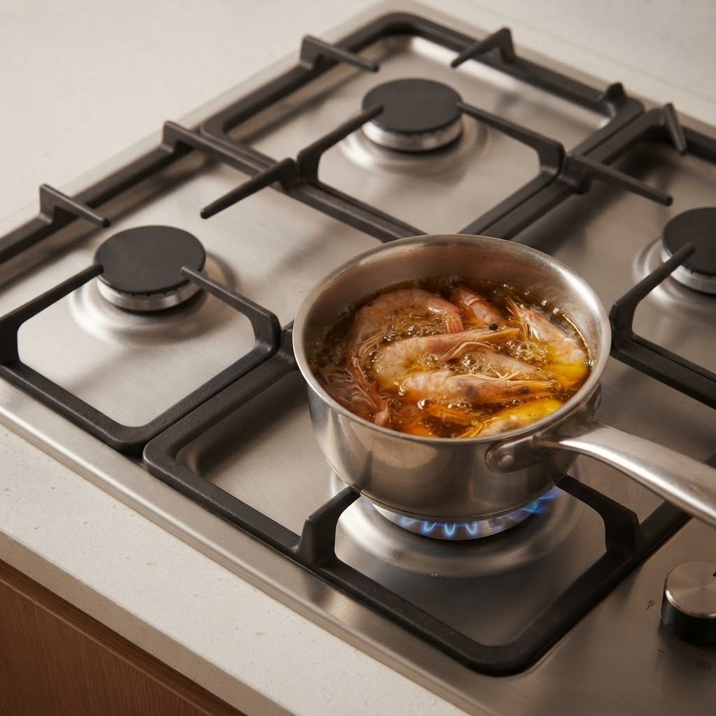 식용유에 잘 손질한 새우 머리와 껍질을 넣고 은은하게 끓여 풍미 가득한 주황빛 새우기름을 내는 조리 과정