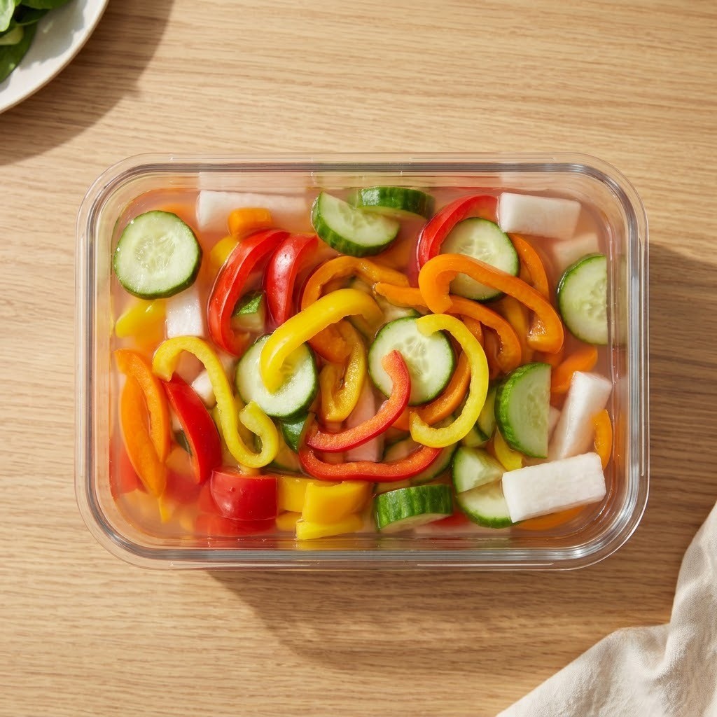 실온에서 하루 숙성되어 새콤달콤하고 시원한 맛이 우러난 빨간 국물의 파프리카 물김치 완성품