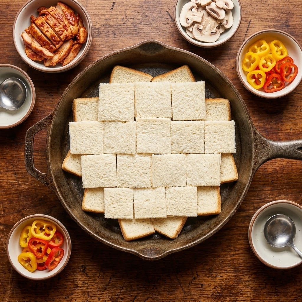 미니 파프리카 양송이버섯 매운 닭갈비 썰기 및 식빵 잘라 피자 팬에 깔기