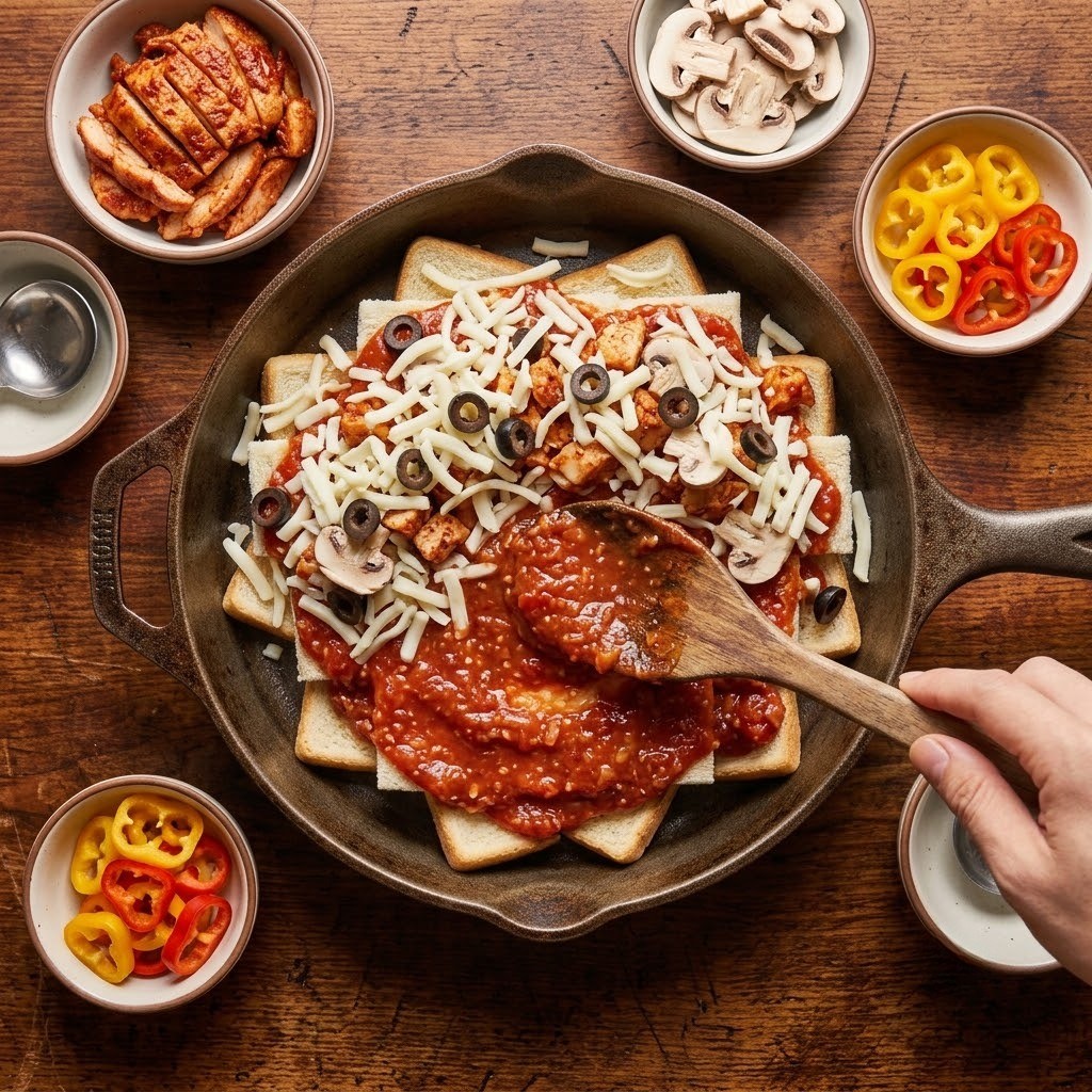 식빵 도우 위에 수제 토망고 소스 바르고 치즈와 닭갈비 피자 토핑 듬뿍 올리기