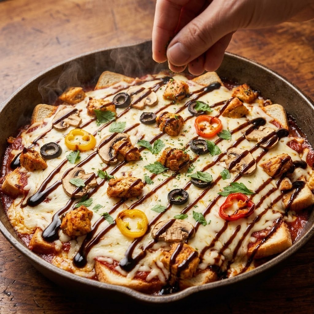 180도 예열 오븐에 10분간 구워 노릇해진 떠먹는 닭갈비 피자에 파슬리 뿌려 완성하기