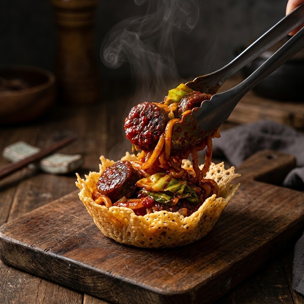 바삭한 파마산 치즈컵에 담아 완성된 편스토랑 허치유 플레이팅