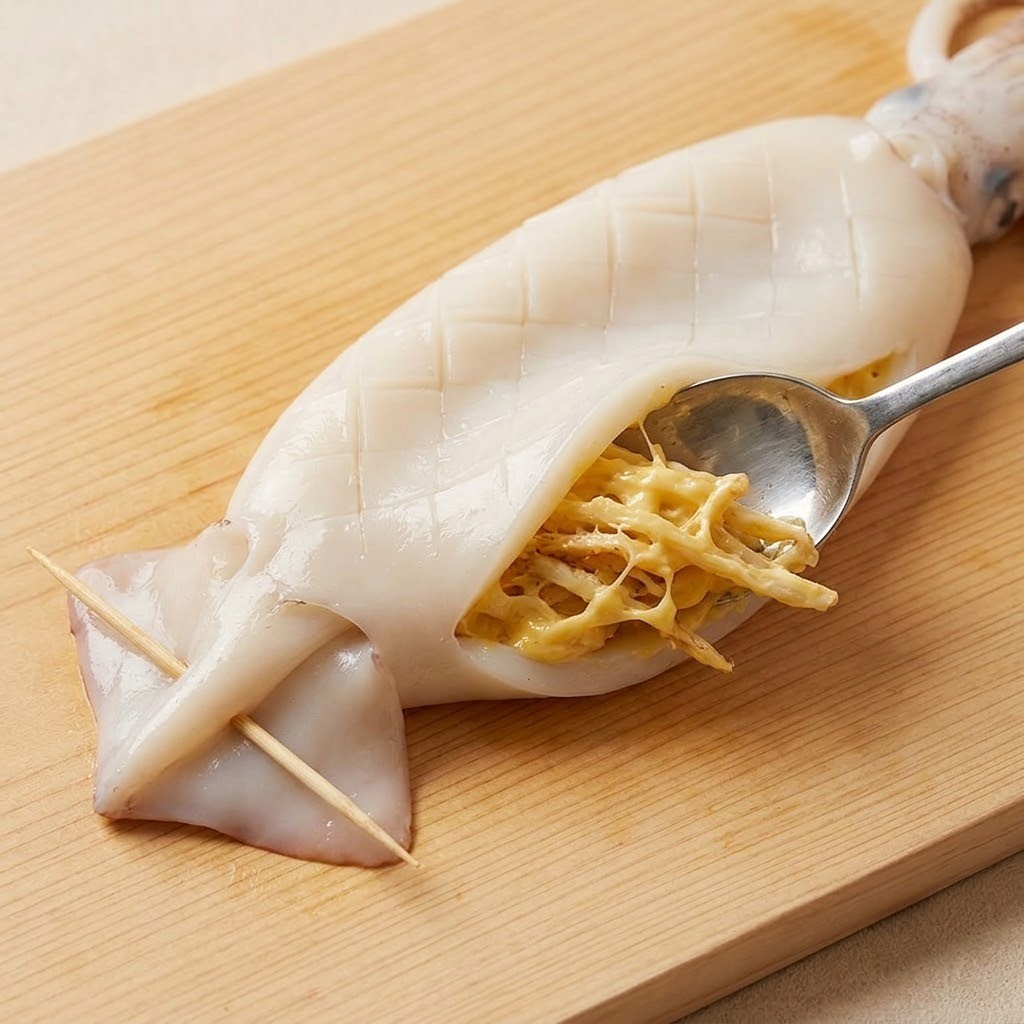 다이아몬드 칼집을 낸 생물 오징어 몸통 속에 볶아둔 먹 앤 치즈를 가득 채우고 나무 꼬치로 고정한 모습