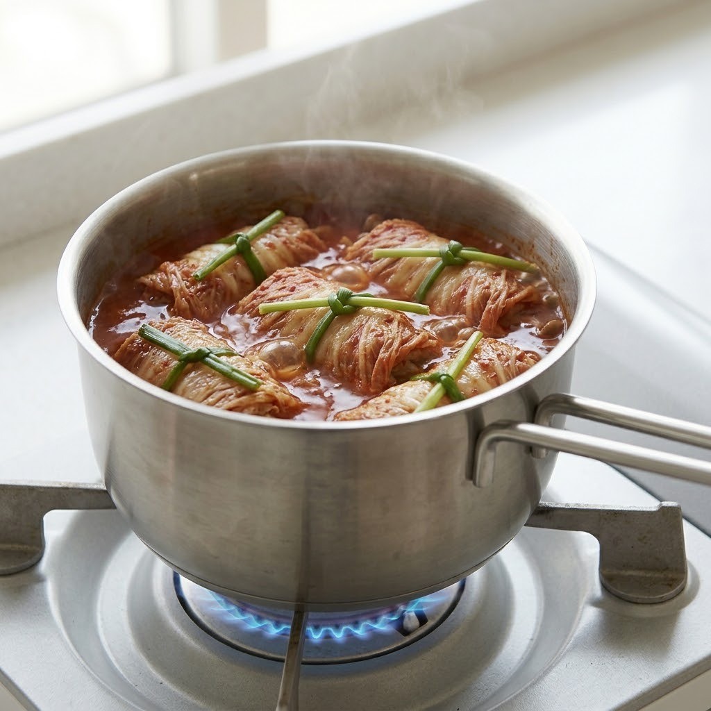 진한 육수에 어묵 묵은지말이를 넣고 끓이는 김치찜 완성 과정