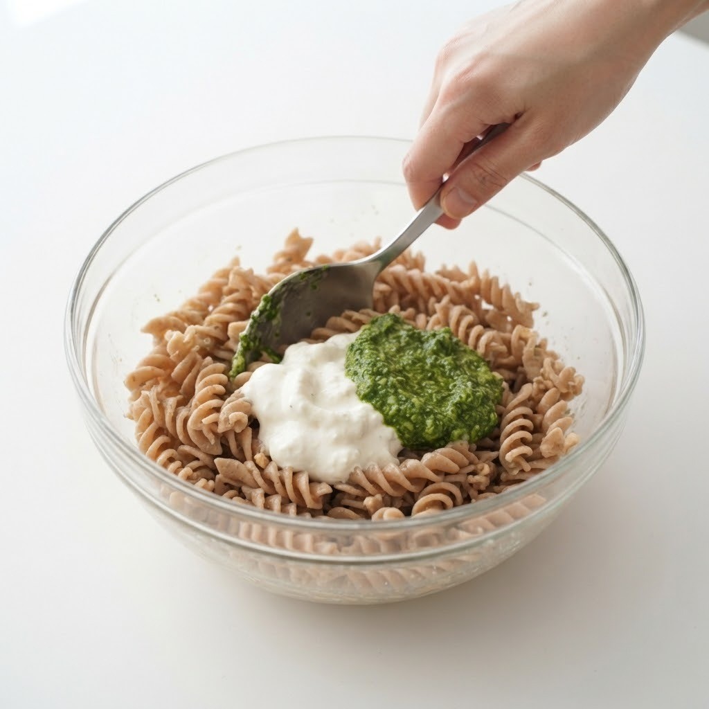 삶은 통밀 파스타 면에 두부 크림치즈와 시금치 페스토 버무리기