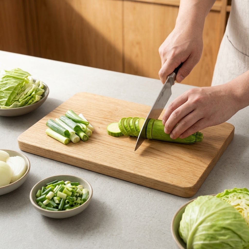 도마 위에서 양파, 대파, 알배추, 애호박, 고추 등 채소를 손질해 둔 모습