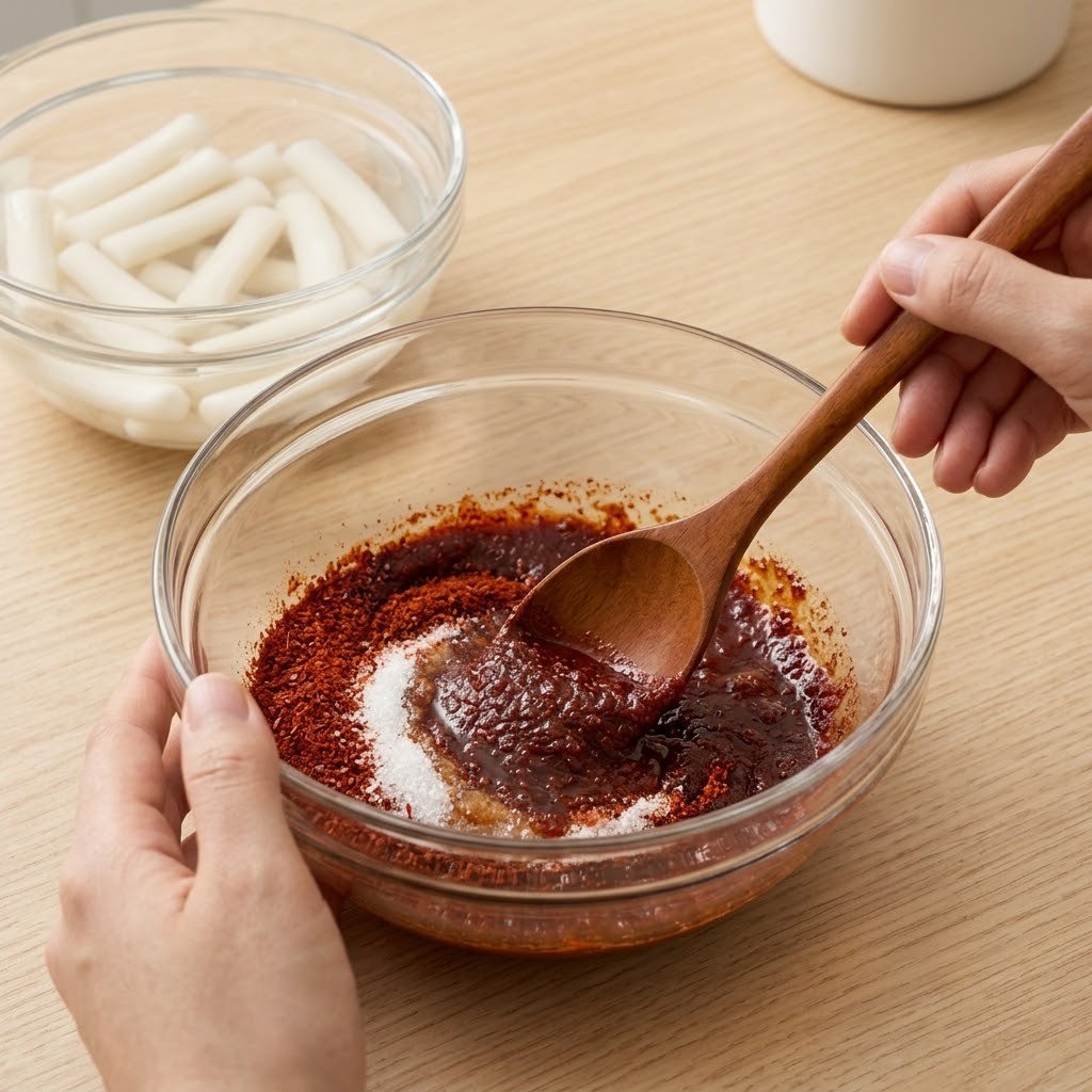 물에 밀떡을 불리고 고춧가루와 물엿으로 전용 양념장을 만드는 과정, 윤은혜 떡볶이 만들기 2단계