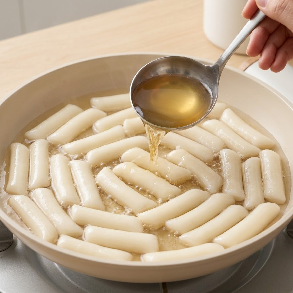 불려둔 밀떡에 끓여놓은 육수를 자작하게 부어 서서히 익히는 장면, 윤은혜 떡볶이 만들기 3단계