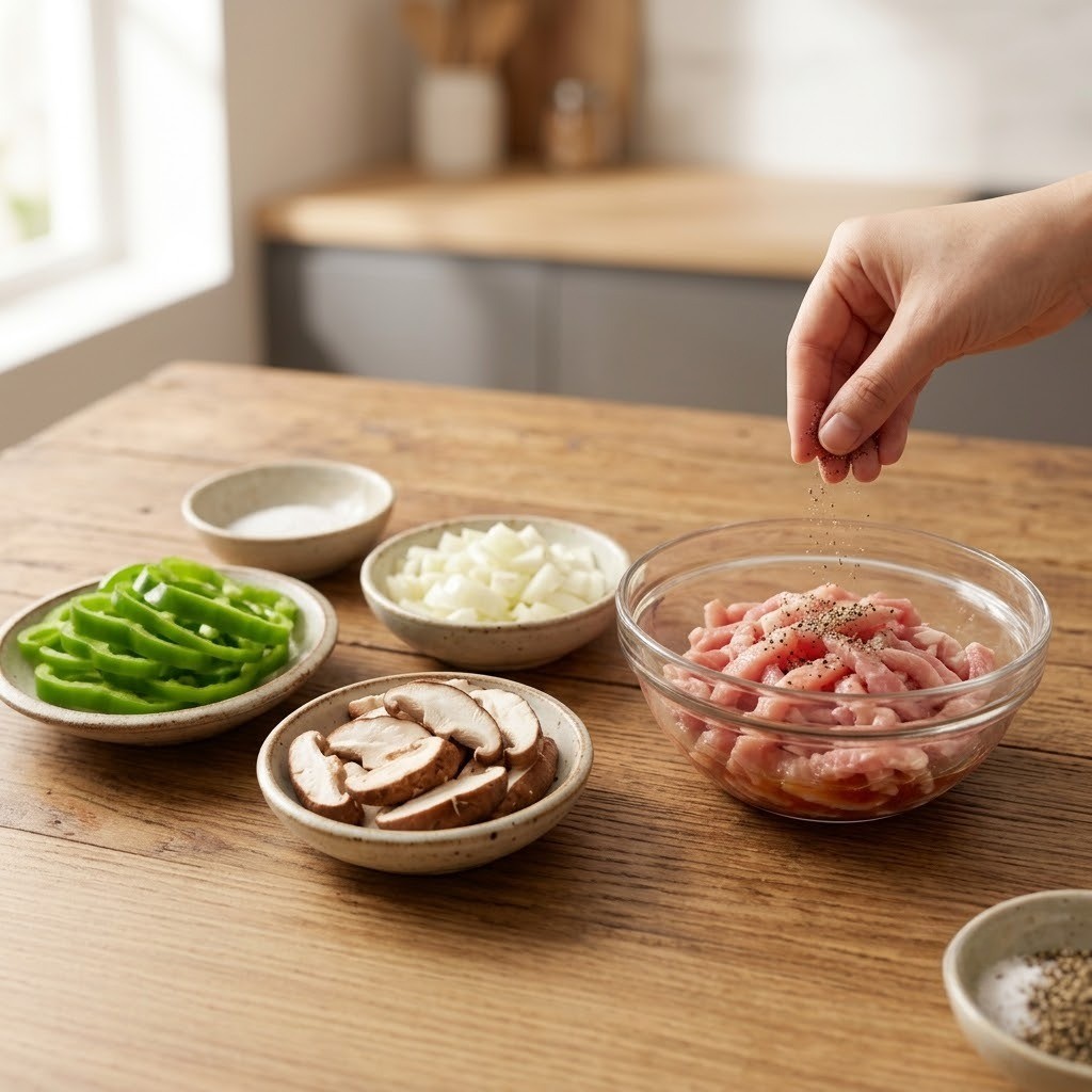 손질된 피망, 양파, 대파, 버섯과 밑간에 재워둔 돼지고기 재료 준비 과정, 편스토랑 이영자 레시피