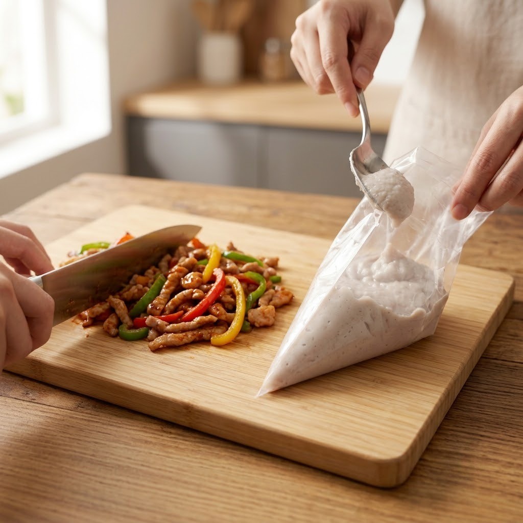 도마 위에서 완성된 고추잡채를 잘게 다지고 어묵 반죽을 짤주머니에 채우는 과정, 편스토랑 이영자 레시피