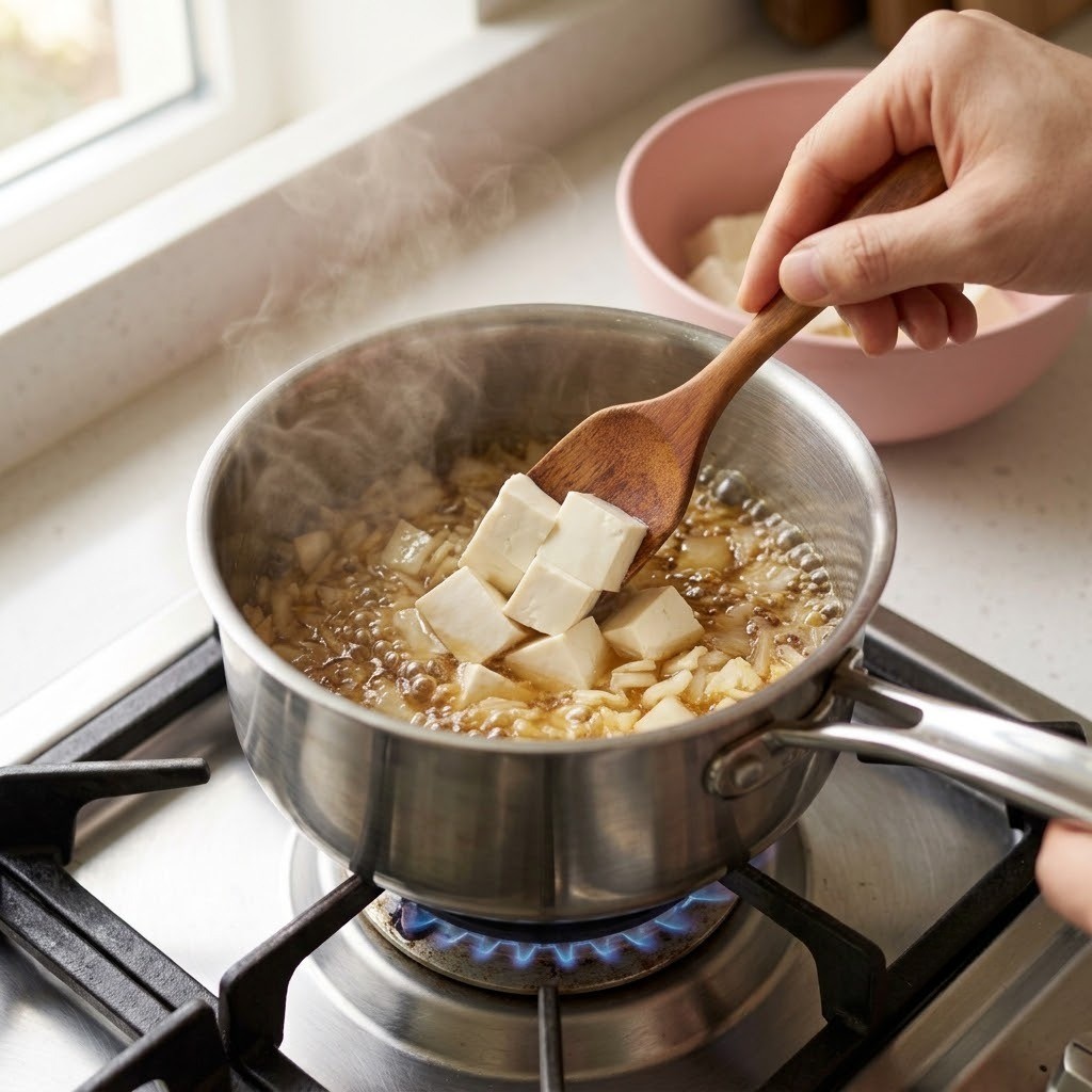 백김치찌개에 부드러운 연두부를 가득 넣는 과정, 박정아 백김치찌개 만들기 3단계