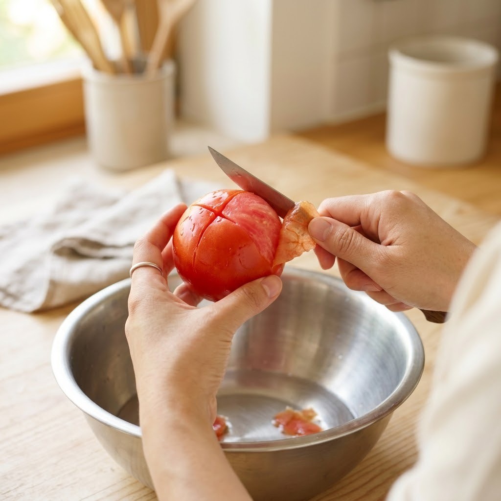 토마토 껍질을 벗기고 사과, 양파, 비트와 함께 믹서에 갈아주는 단계, 박정아 아이케첩 레시피