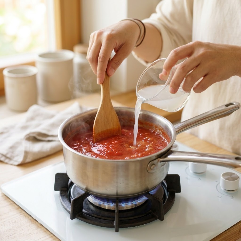 냄비에 끓는 토마토 즙에 전분물을 부어가며 걸쭉한 농도를 맞추는 단계, 아기 케첩 만들기 완성