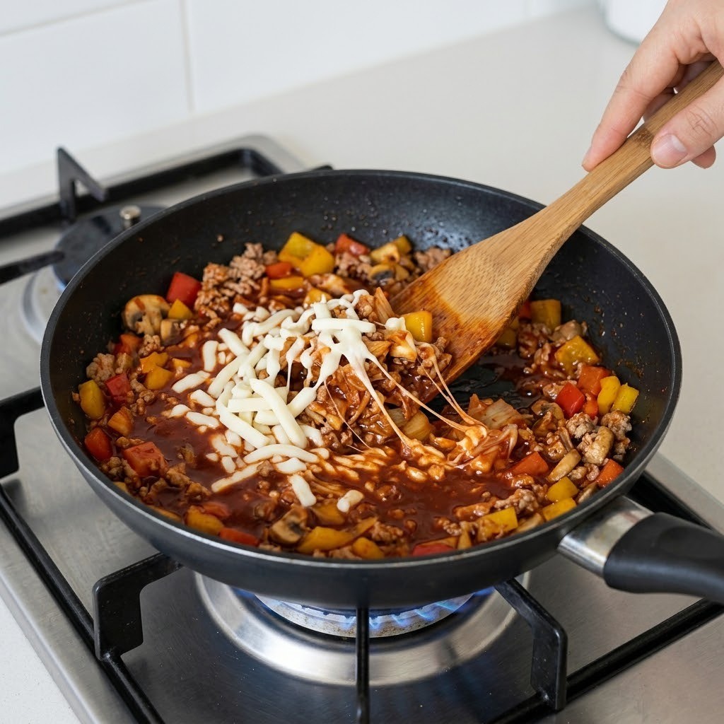 팬에 다진 육고기, 야채, 김치와 붉은 떡볶이 양념장을 넣어 자작하게 볶고 치즈를 올리는 과정, 편스토랑 이유리 김치파이 2단계