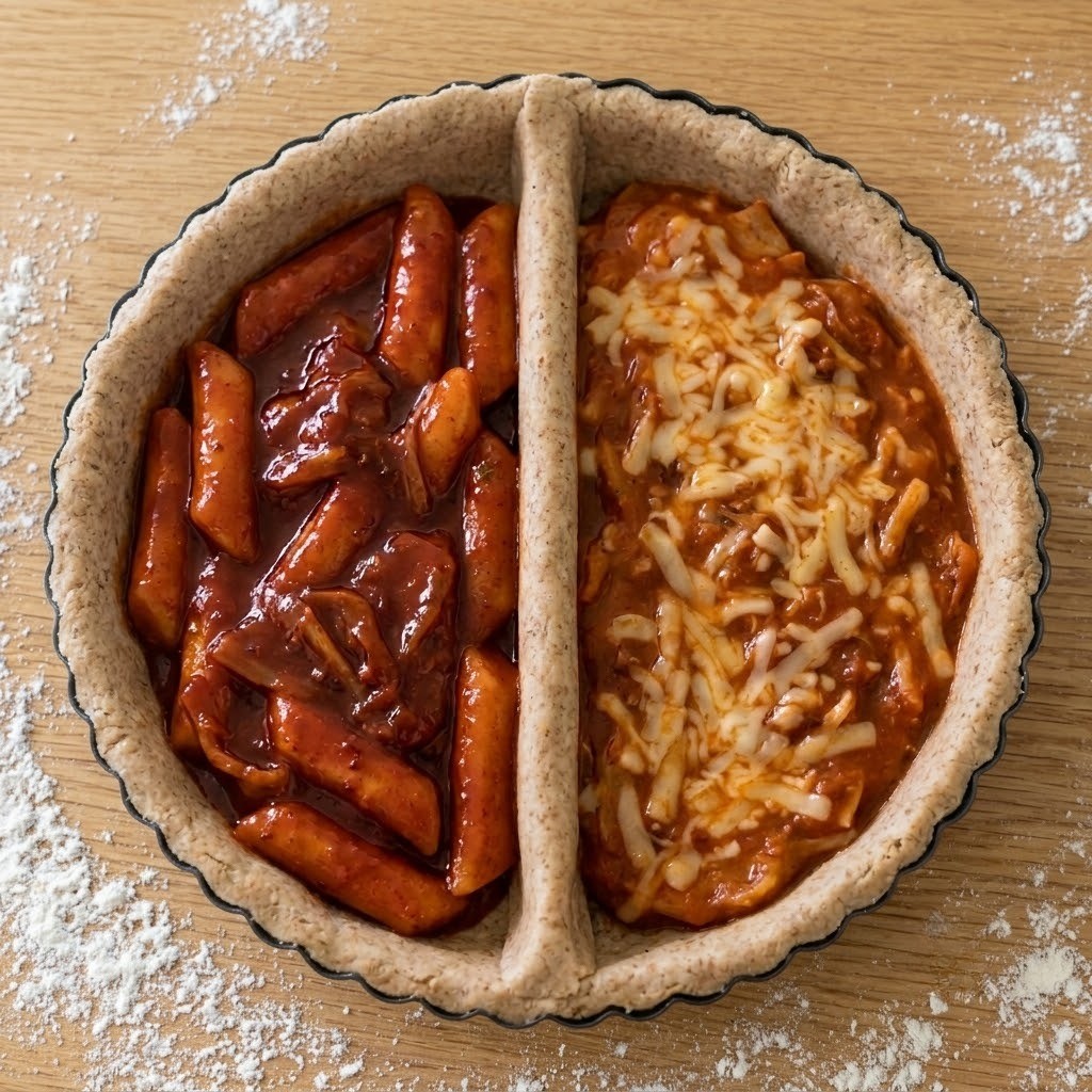 중앙에 밀가루 반죽으로 가림막 경계를 치고 한쪽엔 떡볶이맛 소, 다른 쪽엔 토마토맛 김치 소를 듬뿍 담은 모습, 편스토랑 이유리 김치파이 5단계