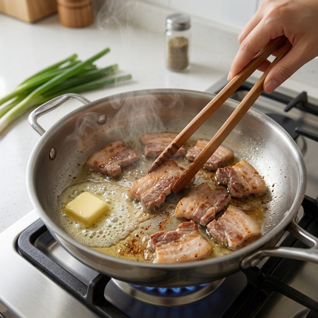 냄비에 고소한 버터를 녹이고 찌개용 돼지고기 볶기, 이유리 버터 김치 수제비 만들기