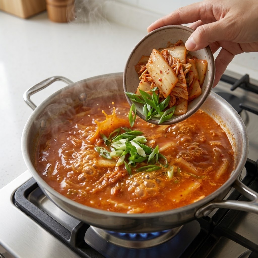 냄비에 김치와 양념 재료들을 넣고 한소끔 끓이기, 이유리 버터 김치 수제비 만들기