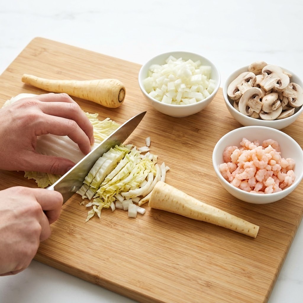 그라탕 재료인 백김치, 파스닙, 양파, 양송이 손질하기, 백김치 고구마 그라탕 만들기 1단계