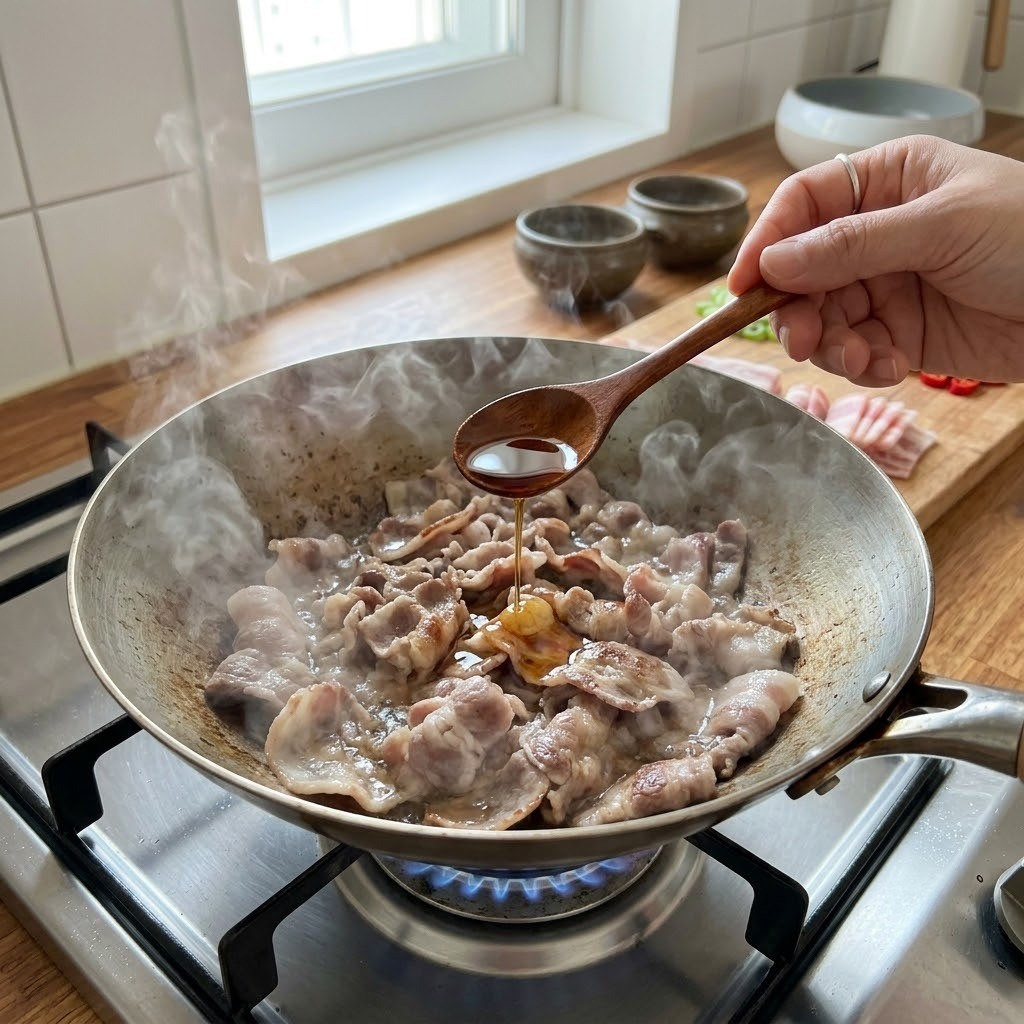 냄비에 담긴 뒷다리살 고기에 들기름과 매실식초 등 밑간 양념을 넣고 가볍게 볶는 단계, 고들빼기 두루치기 만들기