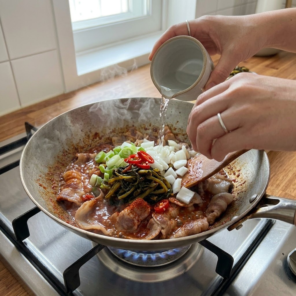 준비된 야채와 고들빼기김치, 물을 냄비에 붓고 모든 재료가 어우러지게 볶는 과정, 고들빼기 두루치기 요리