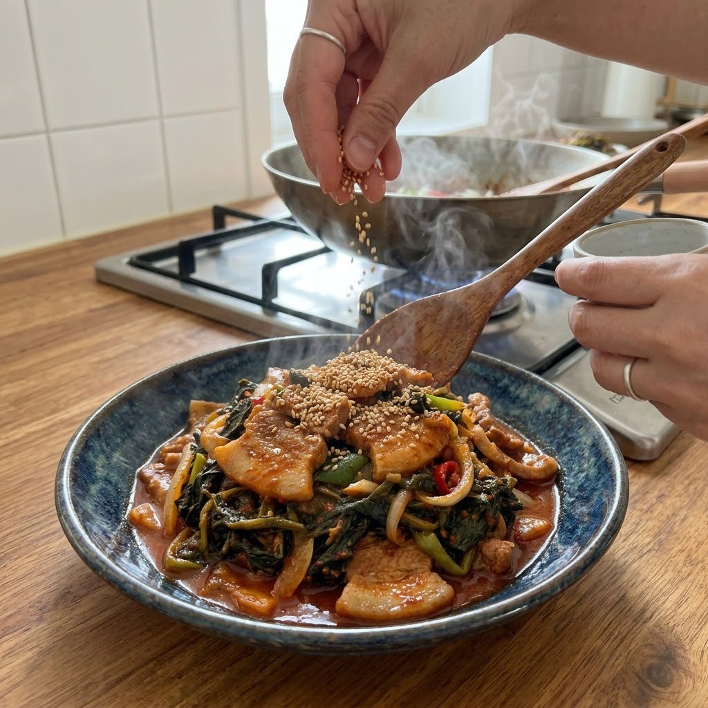 소복하게 담긴 빨간 고들빼기 두루치기 요리 위에 고소한 통깨를 부려 완성을 알리는 장면, 편스토랑 김재원 레시피