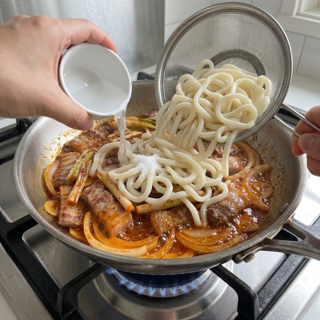 삶은 우동면과 면수를 넣어 졸이듯 볶는 과정, 파김치 항정살 볶음면 만들기 4단계