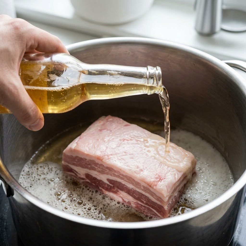 냄비에 통오겹살을 담고 잡내를 잡아줄 맥주를 가득 붓는 모습, 맥주 수육 만들기 1단계