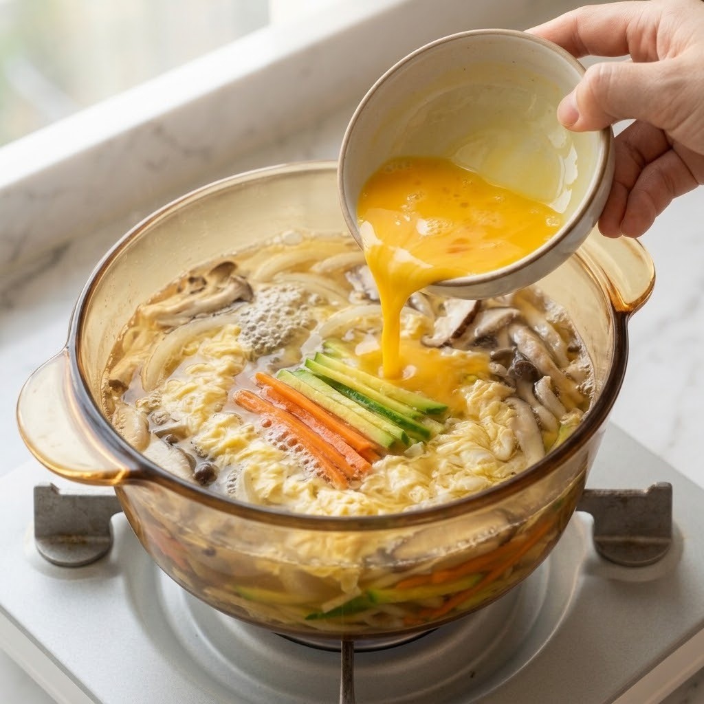 육수에 채소와 풀어둔 달걀물 넣기, 잔치국수 국물 내기 4단계