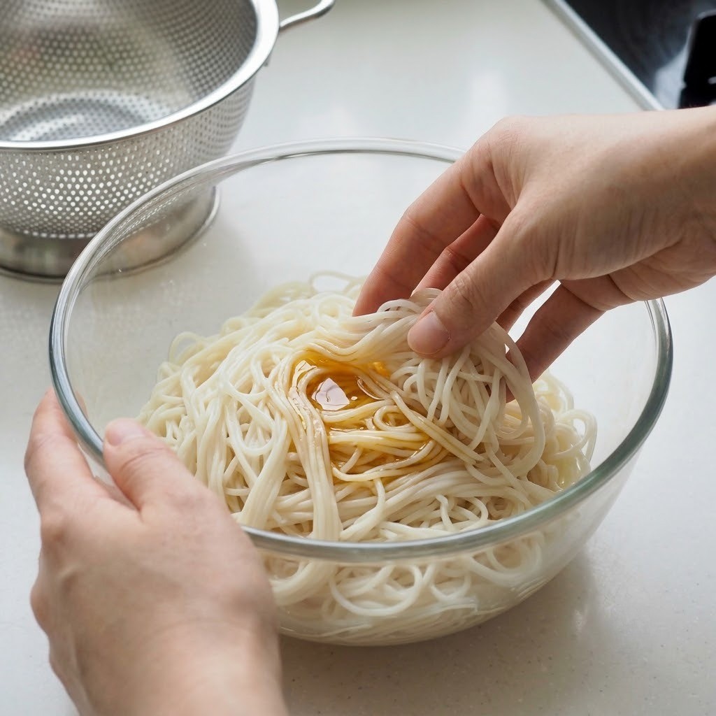 삶은 소면에 참기름 밑간 후 육수 부어주기, 잔치국수 완성 단계