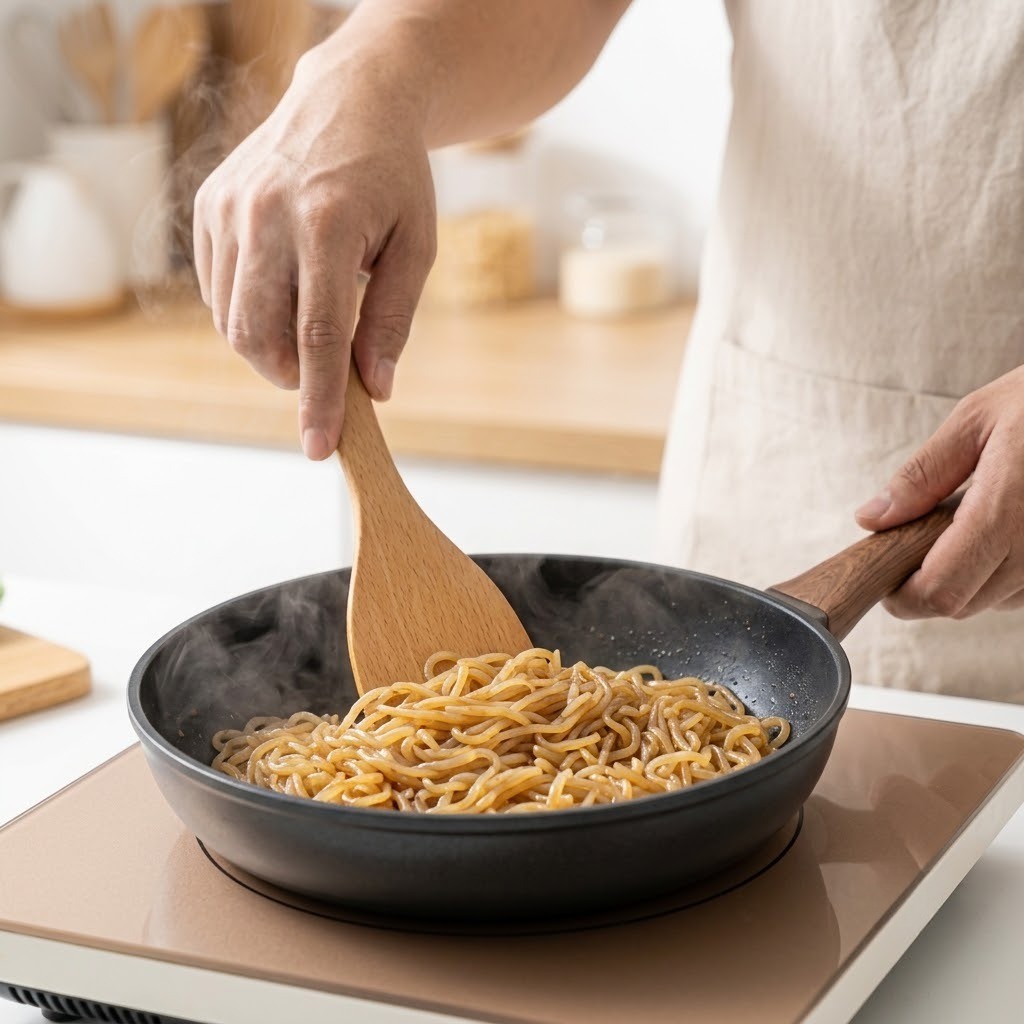 참기름과 소금을 넣고 달달 볶아 물기를 날리는 곤약면 요리