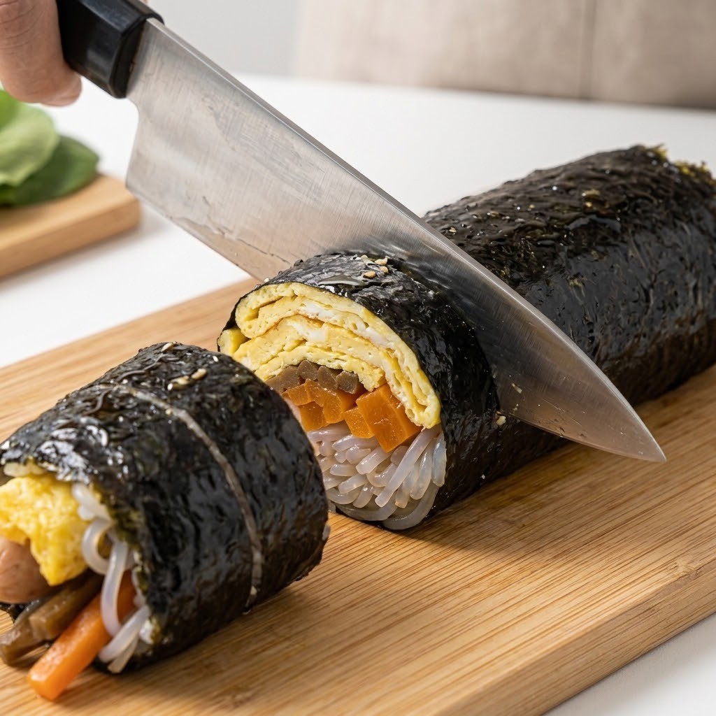 참기름을 바른 곤약 키토김밥을 도마 위에서 일정한 크기로 써는 장면