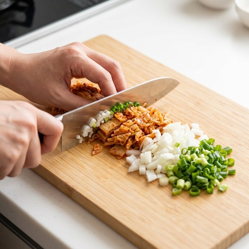 도마 위에서 양파, 실파, 묵은지를 잘게 다지는 과정