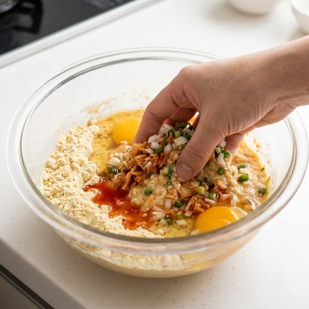 유리 볼에 생콩가루, 부침가루, 달걀, 김칫국물을 넣고 부침개 반죽을 섞는 과정