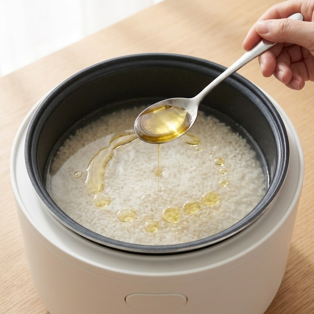 전기밥솥에 쌀과 물, 식용유를 넣는 과정, 냉장밥 만들기 2단계