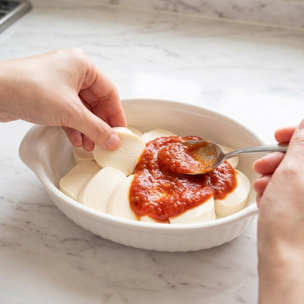 순두부 슬라이스하고 그라탕 그릇에 깔아준 뒤 토마토 소스 펴 바르기 단계, 편스토랑 이유리 순두부 그라탕 1단계